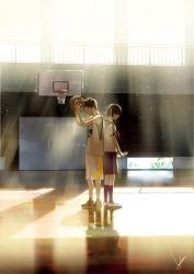 Rule 34 | 1boy, 1girl, arms up, back-to-back, ball, basketball, basketball (object), basketball court, basketball hoop, basketball uniform, black hair, closed eyes, commentary, highres, indoors, light particles, light smile, looking down, loundraw, original, paper, reflection, school uniform, serafuku, shadow, shoes, short hair, signature, sneakers, sportswear, sunlight