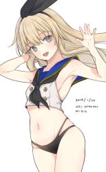 Rule 34 | black hairband, black neckerchief, black panties, blonde hair, blue sailor collar, commentary request, cowboy shot, crop top, dated, grey eyes, hairband, hanako (peanut), kantai collection, long hair, looking at viewer, multi-strapped panties, neckerchief, panties, sailor collar, shimakaze (kancolle), shirt, sleeveless, sleeveless shirt, smile, translation request, underwear, waving