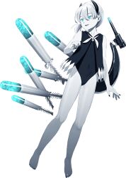 Rule 34 | 1girl, abyssal i-class water princess, abyssal ship, aqua eyes, bare legs, barefoot, colored skin, full body, horns, kantai collection, legs, official art, one-piece swimsuit, pale skin, shibafu (glock23), short ponytail, side ponytail, swimsuit, torpedo, transparent background, turret, white hair, white skin