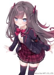 Rule 34 | &gt;:), 1girl, armband, black jacket, black thighhighs, blazer, blue eyes, blush, bow, brown hair, closed mouth, collared shirt, commentary request, copyright request, dress shirt, feet out of frame, highres, hoshi (snacherubi), jacket, long hair, long sleeves, looking at viewer, open clothes, open jacket, plaid, plaid skirt, pleated skirt, red bow, red skirt, safety pin, school uniform, shirt, simple background, skirt, sleeves past wrists, smile, solo, standing, star-shaped pupils, star (symbol), symbol-shaped pupils, thighhighs, two side up, v-shaped eyebrows, very long hair, white background, white shirt