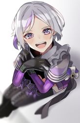 Rule 34 | 1girl, aogisa, bad id, bad pixiv id, black footwear, black gloves, blurry, boots, contender (girls&#039; frontline), cross-laced footwear, depth of field, girls&#039; frontline, gloves, grey hair, highres, lace-up boots, looking at viewer, multicolored hair, open mouth, purple eyes, purple hair, see-through, see-through sleeves, short hair, sitting, smile, solo, streaked hair, thigh boots, thighhighs