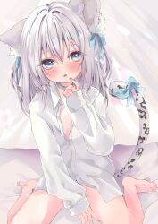 Rule 34 | 1girl, animal ears, artist request, bare legs, barefoot, between legs, blue eyes, collar, expressionless, grey hair, hand between legs, highres, kohaku nene, la peche party, leopard ears, leopard girl, long sleeves, looking at viewer, medium hair, naked shirt, open clothes, open mouth, open shirt, second-party source, shirt, sitting, two side up, virtual youtuber, wariza, white shirt