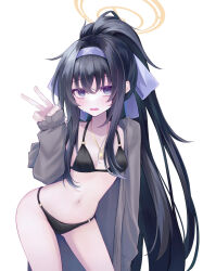 Rule 34 | 1girl, bikini, black bikini, black hair, blue archive, blue eyes, blue hairband, blue ribbon, cardigan, commentary, contrapposto, english commentary, grey cardigan, hair between eyes, hairband, halo, high ponytail, jewelry, jitome, legs, long hair, looking at viewer, messy hair, navel, necklace, o-ring, o-ring bikini, o-ring top, official alternate costume, open cardigan, open clothes, open mouth, ribbon, sidelocks, simple background, solo, standing, stomach, su ha ya, sweatdrop, swimsuit, thighs, ui (blue archive), ui (swimsuit) (blue archive), v, very long hair, white background