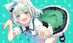 Rule 34 | 1girl, :d, black bow, blue bow, blue eyes, blue neckwear, blunt bangs, blush, bob cut, bobby socks, bow, breasts, collarbone, commission, fang, ghost hair ornament, green background, green skirt, hair bow, indie virtual youtuber, light green hair, maid headdress, mary janes, mint fantome, open mouth, petticoat, puffy short sleeves, puffy sleeves, shirt, shoes, short hair, short sleeves, simple background, skeb commission, skin fang, skirt, small breasts, smile, socks, solo, syuri22, triangular headpiece, virtual youtuber, white headwear, white shirt