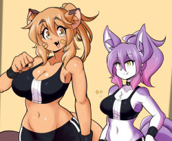 Rule 34 | 2girls, :&gt;, :3, alternate form, animal ears, ass, breasts, cat girl, cleavage, curvy, fang, furry, furry female, goya (lucyfer), gym uniform, hand on own hip, hiel (lucyfer), high ponytail, highres, large breasts, long hair, looking at another, looking at viewer, lucyfer, multiple girls, navel, open mouth, original, ponytail, shiny clothes, short shorts, shorts, simple background, smile, sports bra, sportswear, v, wide hips, wolf girl, yellow background