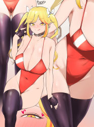Rule 34 | 1girl, black gloves, black thighhighs, blonde hair, blush, boca, breasts, cameltoe, cleavage, collar, crossed legs, earrings, fingerless gloves, gloves, gluteal fold, heart, heart-shaped pupils, highres, jewelry, large breasts, long hair, looking at viewer, one-piece swimsuit, original, red hair, smile, swimsuit, symbol-shaped pupils, thighhighs, twintails, yellow eyes