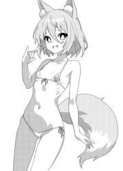 Rule 34 | 1girl, animal ears, bikini, commentary, cowboy shot, fang, fox ears, fox shadow puppet, fox tail, greyscale, groin, kudamaki tsukasa, looking at viewer, monochrome, navel, onkn sxkn, open mouth, petite, short hair, simple background, smile, solo, swimsuit, tail, touhou, white background