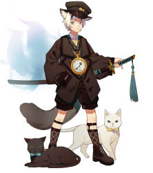 Rule 34 | 1boy, absurdres, animal ear fluff, animal ears, argyle, argyle clothes, argyle legwear, black cat, black hat, black shorts, blue bow, blue eyes, bow, bowtie, cat, cat ears, full body, hand in pocket, hat, highres, katana, limao jun, looking at viewer, male focus, mole, mole under eye, original, sheath, sheathed, shorts, simple background, socks, solo, standing, sword, tassel, watch, weapon, white background, white cat, white hair, yellow bow, yellow eyes