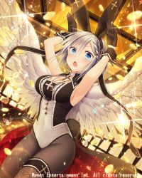Rule 34 | 1girl, angel wings, animal ears, armpits, black gloves, black pantyhose, blue eyes, blush, breasts, cleavage, collar, cross, cross necklace, fake animal ears, fake tail, falkyrie no monshou, gloves, jewelry, large breasts, leotard, looking at viewer, natsumekinoko, necklace, official art, open mouth, pantyhose, playboy bunny, rabbit ears, rabbit tail, short hair, silver hair, solo, tail, wings