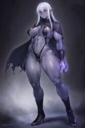 Rule 34 | 1girl, abs, arms at sides, black cape, black footwear, black gloves, blue skin, boots, breasts, cape, closed mouth, colored skin, dark elf, dated commentary, elf, expressionless, full body, gloves, gluteal fold, hair between eyes, high heel boots, high heels, highres, large breasts, long hair, looking at viewer, muscular, muscular female, navel, original, pointy ears, purple eyes, revealing clothes, solo, standing, stomach, takebouzu, twitter username, white hair