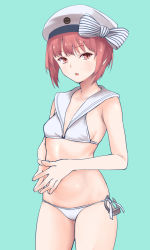 Rule 34 | 1girl, aqua background, bikini, brown eyes, brown hair, clothes writing, collarbone, contrapposto, cowboy shot, fingers together, flat chest, hat, highres, kantai collection, looking at viewer, lowleg, lowleg bikini, sailor bikini, sailor collar, sailor hat, shingyou (alexander-13), short hair, side-tie bikini bottom, solo, standing, swimsuit, white bikini, white hat, z3 max schultz (kancolle)