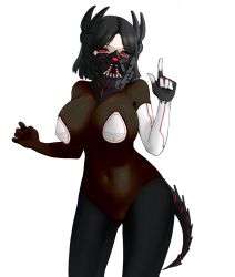 Rule 34 | 1girl, black hair, black horns, breasts, cameltoe, character request, copyright request, covered navel, eocnd, fingernails, highres, horns, large breasts, mask, mechanical horns, mechanical tail, medium hair, multiple horns, pointing, pointing up, red eyes, simple background, skindentation, solo, tail, white background