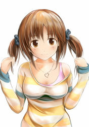 Rule 34 | 10s, 1girl, bad id, bad pixiv id, bare shoulders, blush, breasts, brown eyes, brown hair, hair ornament, heart, idolmaster, idolmaster cinderella girls, jewelry, long sleeves, looking at viewer, medium breasts, nannacy7, necklace, off shoulder, scrunchie, short hair, simple background, smile, solo, sweater, tank top, totoki airi, twintails, white background
