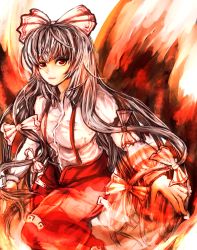 Rule 34 | 1girl, bad id, bad pixiv id, fire, fujiwara no mokou, hair ribbon, highres, long hair, paguningen, pants, red eyes, red theme, ribbon, silver hair, solo, touhou, tress ribbon, very long hair