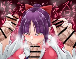 Rule 34 | 1girl, 3boys, absurdres, alternate breast size, bar censor, blush, bow, breasts, cat girl, censored, double handjob, dress, fellatio, gegege no kitarou, hair bow, hair ornament, handjob, highres, large breasts, looking at viewer, multiple boys, nekomusume, nekomusume (gegege no kitarou 6), nizikuroryu, oral, pointy ears, purple hair, red bow, red dress, shirt, short hair, tongue, tongue out, white shirt, yellow eyes