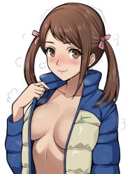 Rule 34 | 1girl, ai-assisted, breasts, brown eyes, brown hair, doujima nanako, highres, jacket, lepypepy, medium breasts, persona, persona 4, persona 5, solo, sweat, sweatdrop, twintails