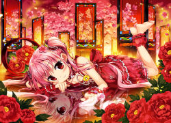 Rule 34 | 1girl, absurdres, ankle cuffs, barefoot, breasts, cleavage, dress, eyebrows, feet, flower, fujima takuya, highres, long hair, looking at viewer, lying, on side, on stomach, original, petals, pink flower, pink hair, red dress, red eyes, red flower, reflecting pool, reflection, reflective water, scan, sleeveless, sleeveless dress, small breasts, smile, soles, solo, the pose, toes, tree, twintails, wrist cuffs