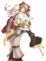 Rule 34 | 00s, 1boy, 2girls, armor, bad id, bad pixiv id, barefoot, blonde hair, bow, brown eyes, brown hair, buront, carrying, carrying over shoulder, clenched hand, detached sleeves, elf, elvaan, family, final fantasy, final fantasy xi, gauntlets, hair bow, hakurei reimu, highres, hug, hug from behind, kujimaru, looking at viewer, midriff, multiple girls, open mouth, piggyback, pointy ears, purple eyes, red eyes, rumia, sarashi, simple background, smile, the iron of yin and yang, touhou, walking, white background, white hair