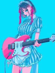 Rule 34 | 1girl, bandaid, bandaid on leg, black hair, blue background, blue dress, blue eyes, blue nails, collared dress, dress, earrings, electric guitar, fender stratocaster, fingernails, frilled dress, frills, guitar, hair ribbon, highres, holding, holding instrument, hoop earrings, instrument, jewelry, long fingernails, looking at viewer, maid headdress, mouth hold, multicolored hair, nail polish, najuco (naju0517), original, pink hair, plectrum, plectrum in mouth, puffy short sleeves, puffy sleeves, ribbon, short hair, short sleeves, sidelocks, simple background, solo, streaked hair, striped clothes, striped dress, two-tone hair, vertical-striped clothes, vertical-striped dress, white dress