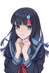 Rule 34 | 1girl, blue eyes, blue hair, blue serafuku, character request, closed mouth, copyright request, danxing aipangzi, hair ornament, hairclip, highres, light blush, long hair, looking at viewer, neck ribbon, red ribbon, ribbon, school uniform, serafuku, solo, upper body, white background