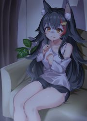 Rule 34 | 1girl, absurdres, animal ear fluff, animal ears, asymmetrical clothes, asymmetrical shirt, black hair, black shorts, clothing cutout, couch, flipped hair, gloom (expression), hair ornament, hairclip, highres, hololive, indoors, kajitsu no hito, living room, long hair, long sleeves, multicolored hair, on couch, ookami mio, ookami mio (casual), red hair, scared, shirt, short shorts, shorts, shoulder cutout, sidelocks, sitting, solo, spiked hair, streaked hair, tearing up, very long hair, virtual youtuber, white shirt, wolf ears, wolf girl