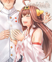 Rule 34 | 10s, 1boy, 6+girls, admiral (kancolle), akatsuki (kancolle), ant (fenixant), bare shoulders, blush, brown hair, cup, detached sleeves, double bun, eyepatch, closed eyes, hair ornament, headgear, hibiki (kancolle), ikazuchi (kancolle), inazuma (kancolle), japanese clothes, kantai collection, kongou (kancolle), lips, long hair, military, military uniform, multiple girls, naval uniform, open mouth, personification, skirt, smile, tatsuta (kancolle), tenryuu (kancolle), uniform