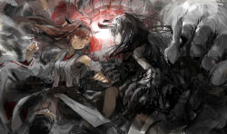 Rule 34 | 10s, 2girls, abyssal ship, battle, battleship princess, black dress, black hair, breasts, brown eyes, brown hair, claws, clenched hand, clenched teeth, custom (cus-tom), detached sleeves, dress, frilled skirt, frills, horns, kantai collection, kongou (kancolle), long hair, looking at viewer, monster, multiple girls, nontraditional miko, pale skin, raised fist, red eyes, ribbon trim, short dress, skirt, sleeveless, teeth, thigh strap, thighhighs, turret