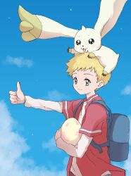Rule 34 | 1boy, 1other, backpack, bag, digimon, digimon (creature), digitama, egg, highres, horns, smile, terriermon, thumbs up, wallace (digimon)