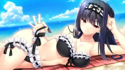 Rule 34 | 1girl, armpits, bare shoulders, beach, bikini, black bikini, black hair, blue sky, blunt bangs, braid, breasts, bridal garter, cleavage, closed mouth, cloud, collarbone, courreges ace, day, french braid, frilled bikini, frills, hairband, hajilove -making lovers-, long hair, looking at viewer, lying, medium breasts, navel, ocean, on side, outdoors, red eyes, sand, sky, smile, solo, swimsuit, tanabe, yofune hatsuho