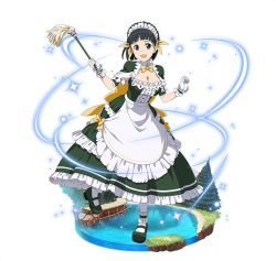 Rule 34 | 1girl, :d, apron, black eyes, black hair, bow, bowtie, breasts, cleavage, dress, frilled dress, frills, full body, gloves, green dress, green footwear, hair ribbon, holding, kirigaya suguha, large breasts, layered dress, leg up, looking at viewer, maid headdress, open mouth, ribbon, shoes, short hair, simple background, smile, solo, standing, standing on one leg, sword art online, white apron, white background, white gloves, white legwear, yellow bow, yellow bowtie, yellow ribbon