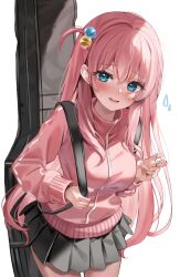 Rule 34 | 1girl, blue eyes, blush, bocchi the rock!, cube hair ornament, flying sweatdrops, gigbag, gotoh hitori, grey skirt, hair ornament, highres, jacket, leaning forward, long hair, long sleeves, looking at viewer, miniskirt, one side up, open mouth, pink hair, pink jacket, pleated skirt, shaffelli, sidelocks, simple background, skirt, solo, track jacket, white background