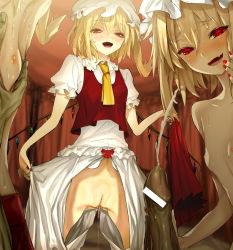 Rule 34 | 1boy, 3girls, ascot, asymmetrical hair, asymmetrical wings, blonde hair, bloomers, grabbing another&#039;s breast, crotchless, crotchless bloomers, cum, ejaculation, flandre scarlet, flat chest, flat chest grab, four of a kind (touhou), grabbing, groin, handjob, hat, mob cap, multiple girls, naughty face, nipples, nude, open clothes, penis, pussy, pussy juice, pussy juice trail, red eyes, shirt, short hair, side ponytail, standing, sweat, touhou, underwear, white shirt, wings, yunomi (kyuusuu)