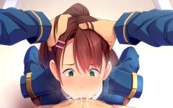 Rule 34 | 1girl, :&gt;=, blush, brown hair, butcha-u, censored, cum, cum in mouth, ejaculation, fellatio, floor, game cg, green eyes, hair ornament, hairclip, hands on another&#039;s head, honma hiyori, indoors, kenzen! hentai kouboku no tsutome, long hair, looking at viewer, mosaic censoring, oral, original, penis, ponytail, pov, sitting, skin tight, solo focus, standing, uniform, upper body