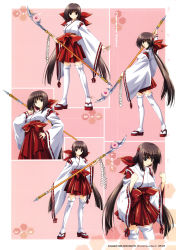 Rule 34 | 1girl, absurdres, brown hair, character sheet, concept art, fighting stance, hand on own hip, highres, holding, holding weapon, japanese clothes, kumon waka, long hair, looking at viewer, miko, multiple views, naginata, non-web source, open mouth, phantom breaker, polearm, sandals, simple background, standing, suzuhira hiro, thighhighs, very long hair, weapon, white thighhighs, wide sleeves