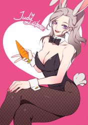 Rule 34 | 1girl, animal ears, bow, bowtie, breasts, carrot, citemer, cleavage, detached collar, disney, fake animal ears, fishnet pantyhose, fishnets, hand on own knee, judy hopps, crossed legs, leotard, looking at viewer, nail polish, pantyhose, personification, playboy bunny, purple eyes, rabbit ears, rabbit tail, silver hair, sitting, smile, tail, twintails, v, wrist cuffs, zootopia