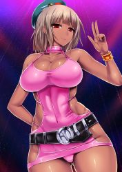 Rule 34 | 10s, 1girl, alternate color, alternate costume, alternate skin color, bare shoulders, belt, blush, bodycon, bracelet, breasts, brown hair, cleavage, collarbone, dark-skinned female, dark skin, dress, fingernails, g-string, hat, hip focus, hip vent, impossible clothes, ishimiso (ishimura), jewelry, kantai collection, large breasts, long fingernails, microdress, minidress, nail polish, naughty face, navel, panties, pink panties, red eyes, revealing clothes, seductive smile, shiny skin, short hair, skin tight, skindentation, smile, solo, takao (kancolle), thick thighs, thighs, thong, underwear, v, whale tail (clothing)