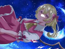 Rule 34 | 1girl, ascot, blonde hair, cowboy shot, crescent moon, crystal wings, dress, flandre scarlet, hiba, looking at viewer, moon, night, night sky, puffy short sleeves, puffy sleeves, red dress, red eyes, red ribbon, ribbon, short sleeves, side ponytail, sky, solo, star (sky), starry sky, touhou, yellow ascot