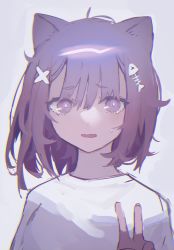 Rule 34 | 1girl, animal ears, bright pupils, brown eyes, brown hair, cat ears, chromatic aberration, d:, fish bone, fish hair ornament, hair ornament, hairclip, hand up, highres, looking at viewer, migihidari (puwako), open mouth, original, shirt, simple background, solo, tears, v, white background, white pupils, white shirt, wide-eyed, x hair ornament