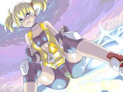 Rule 34 | 1girl, arcana heart, bike shorts, blonde hair, blue eyes, breasts, cameltoe, clenched hand, demon girl, fingerless gloves, gloves, highres, legs, lilica felchenerow, medium breasts, oekaki, peeing, pointy ears, sitting, solo, tears, thighs, twintails, unzipped