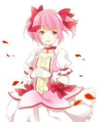 Rule 34 | 10s, 1girl, bow, choker, gloves, hair bow, interlocked fingers, kaname madoka, magical girl, mahou shoujo madoka magica, mahou shoujo madoka magica (anime), otototo, pink eyes, pink hair, short hair, short twintails, simple background, solo, twintails, white background