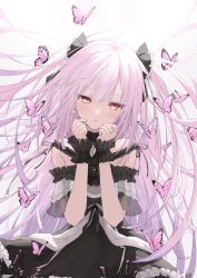 Rule 34 | 1girl, absurdres, bad id, bad pixiv id, bug, butterfly, chain, choker, dress, frilled choker, frilled cuffs, frilled dress, frills, hair ribbon, head tilt, highres, hololive, insect, nekome anya, open mouth, pink hair, red eyes, ribbon, solo, twintails, two side up, upper body, uruha rushia, uruha rushia (3rd costume), virtual youtuber