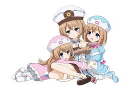 Rule 34 | 10s, 3girls, aged down, blanc (neptunia), blue eyes, brown hair, female focus, happy, hat, highres, multiple girls, neptune (series), ram (neptunia), rom (neptunia), siblings, sisters, smile, transparent background, twins, white background, x k o