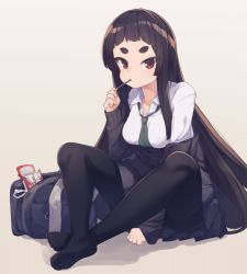 Rule 34 | 1girl, bag, between legs, black pantyhose, black skirt, breasts, brown background, brown cardigan, brown hair, cardigan, collared shirt, commentary request, food, food in mouth, full body, green necktie, hand between legs, kuranami shiki, long hair, long sleeves, mouth hold, natsuki teru, necktie, no shoes, off shoulder, original, pantyhose, pleated skirt, pocky, red eyes, school bag, school uniform, shadow, shirt, short eyebrows, sitting, skirt, sleeves past wrists, small breasts, soles, solo, thick eyebrows, very long hair, white shirt