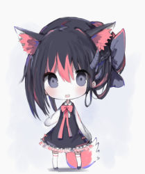 Rule 34 | 1girl, :d, animal ear fluff, animal ears, bad id, bad pixiv id, black dress, black footwear, black hair, black thighhighs, blush, bow, collared shirt, commentary request, cottontailtokki, dress, fox ears, fox girl, fox tail, frilled dress, frills, grey bow, grey eyes, hair between eyes, hair bow, horns, long hair, long sleeves, looking at viewer, multicolored hair, open mouth, original, red bow, red hair, red ribbon, ribbon, round teeth, shirt, sleeveless, sleeveless dress, sleeves past fingers, sleeves past wrists, smile, solo, standing, streaked hair, tail, teeth, thighhighs, upper teeth only, white shirt