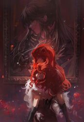 Rule 34 | 1boy, 1girl, absurdres, bai liu, black gloves, dress, flower, from side, gloves, hearts (i became a god in a horror game), high ponytail, highres, i became a god in a horror game, jacket, light smile, lizicha, long hair, looking back, picture frame, profile, red flower, red hair, red rose, rose, smile, suit jacket, upper body, wavy hair