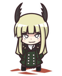 Rule 34 | 1girl, arms behind back, black pantyhose, blonde hair, blunt bangs, chibi, grete m. gollob, head wings, long coat, long hair, long sleeves, mojin chin (namagoto), mojinchin, open mouth, pantyhose, smile, solo, standing, strike witches, white eyes, wings, world witches series