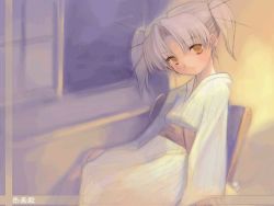 Rule 34 | 1girl, artist request, chair, daiakuji, head tilt, japanese clothes, orange eyes, robe, short twintails, silver hair, sitting, solo, takega satsu, twintails, wallpaper, window