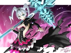 Rule 34 | 1girl, 2019, absurdres, black nails, blue eyes, bow, breasts, cleavage, dress, goth fashion, hair bow, highres, hisin, holding, holding polearm, holding spear, holding weapon, impossible clothes, impossible dress, large breasts, long sleeves, nail polish, nintendo, pale skin, polearm, signature, solo, spear, twintails, vale (xenoblade), weapon, white hair, xenoblade chronicles (series), xenoblade chronicles 2