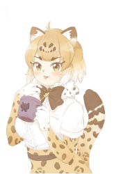 Rule 34 | 0nanaten, 1girl, animal ears, black bow, black bowtie, blonde hair, blush, bow, bowtie, brown hair, center frills, commentary request, cup, elbow gloves, food, food on face, frills, fur collar, gloves, high-waist skirt, jaguar (kemono friends), jaguar ears, jaguar girl, jaguar print, jaguar tail, kemono friends, mug, multicolored hair, print gloves, print skirt, shirt, short hair, short sleeves, skirt, solo, t-shirt, tail, tongue, tongue out, upper body, whipped cream, white fur, white hair, white shirt