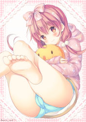Rule 34 | 1girl, anus, bare legs, barefoot, blue panties, bow, brown eyes, cameltoe, cleft of venus, commentary request, covered anus, hugging doll, feet, foreshortening, hair bobbles, hair bow, hair ornament, hair ribbon, hairband, heart, heart print, highres, hinako note, hood, hoodie, long hair, long sleeves, looking at viewer, low twintails, march-bunny, no pants, hugging object, official art, panties, pink hair, ribbon, sakuragi hinako, skindentation, sleeves past wrists, solo, stuffed toy, twintails, underwear
